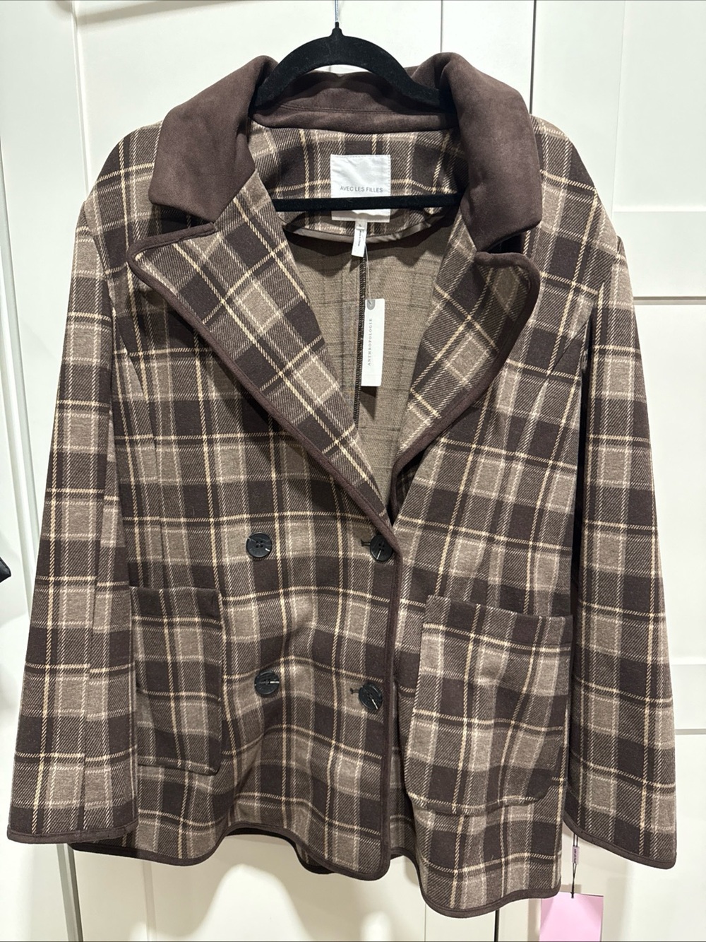 Avec Les Filles Brown Plaid Double-Breasted Blazer Jacket